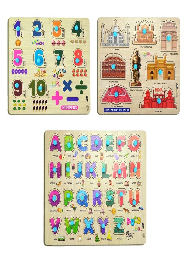 HIGHROOF® Kids Fort Pre Nursery Educational Jigsaw Puzzles for Adults Kids Learning Toys Kit Board Game 3 pcs Set of Numbers Alphabets & Monuments of India Educational Toy - Image 1